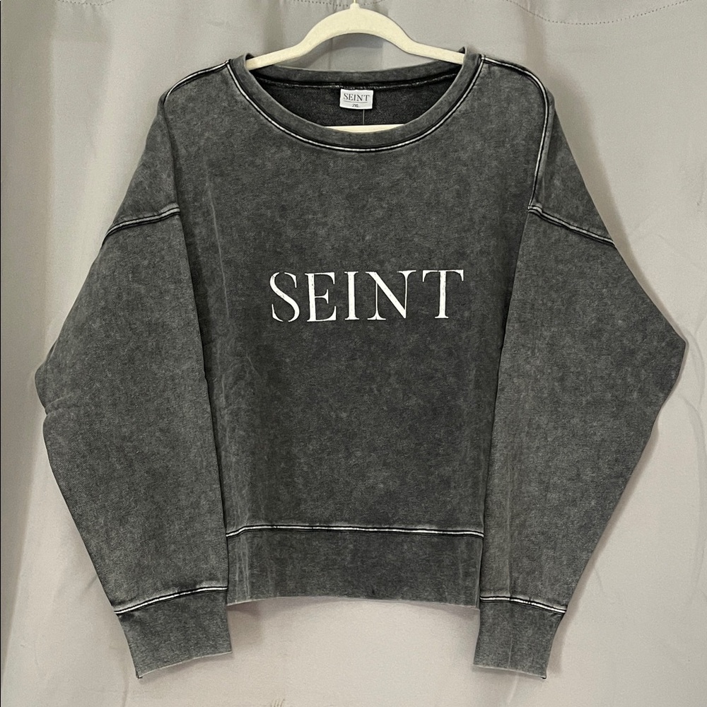 Women's Seint Gray distressed cropped Sweatshirt.
